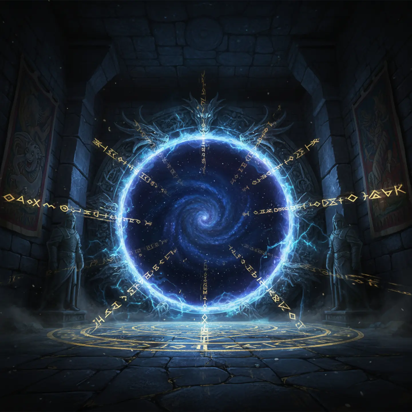 A shimmering astral portal opening into a vibrant fantasy realm