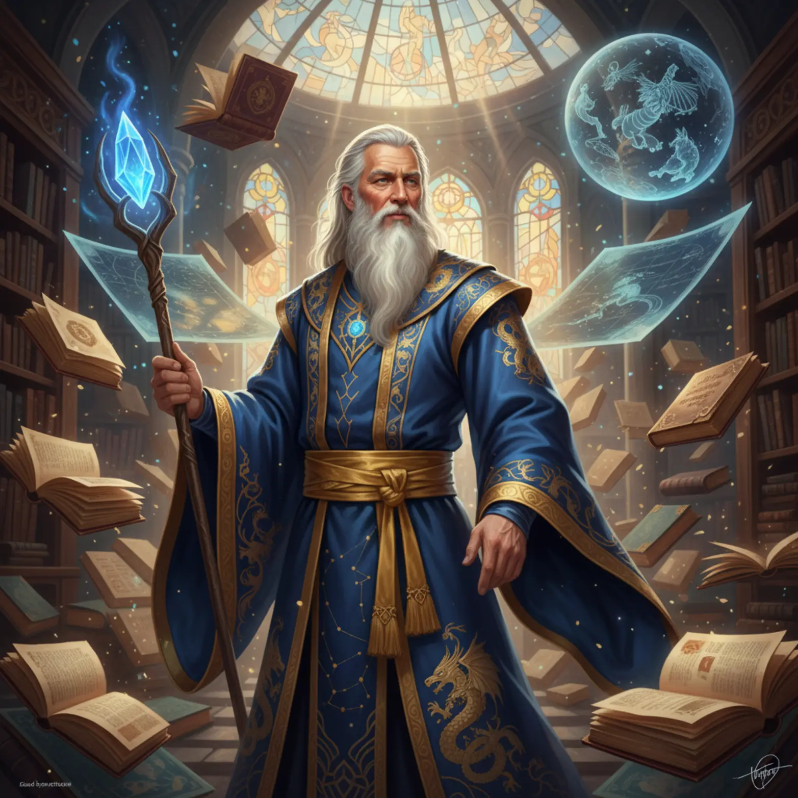 Guildmaster Alaric Grifford reading the Arcane Ledger